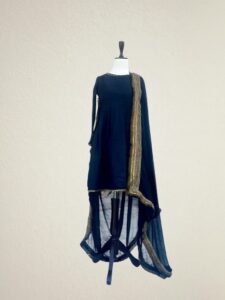 Elegant Black Asymmetrical Kurta with Golden Border & Mirror Embellished Tassel Detail